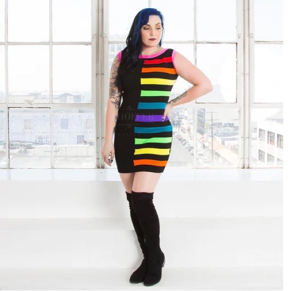 ELHOFFER DESIGN Pride Rainbow Fitted Knit Sheath Mini Dress Sleeveless Black - Picture 5 of 14